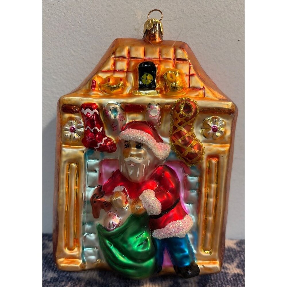VTG Radko "Santa In Fireplace" Glass Ornament 6" Hand-Painted Holiday Decoration
